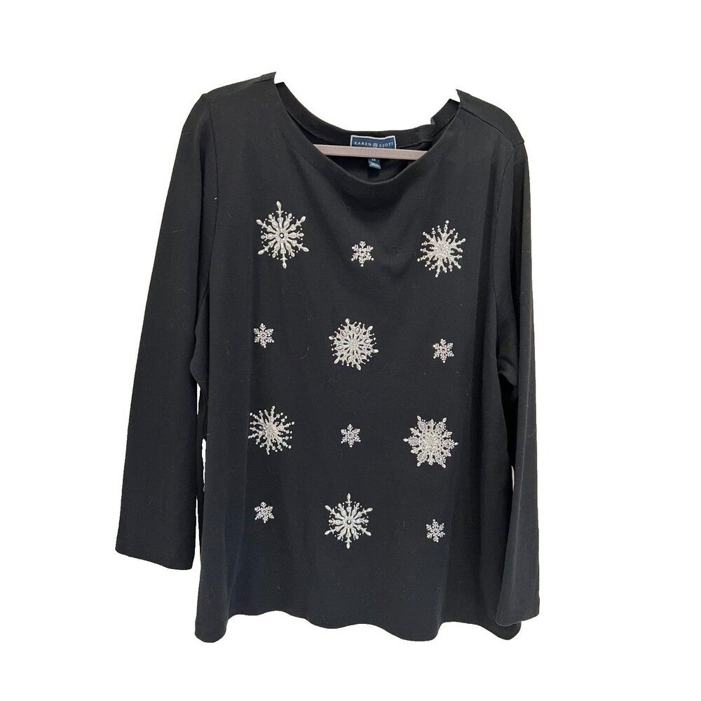 Karen Scott Top - Cotton Poly Blend - Black with Starburst Accents, 3X